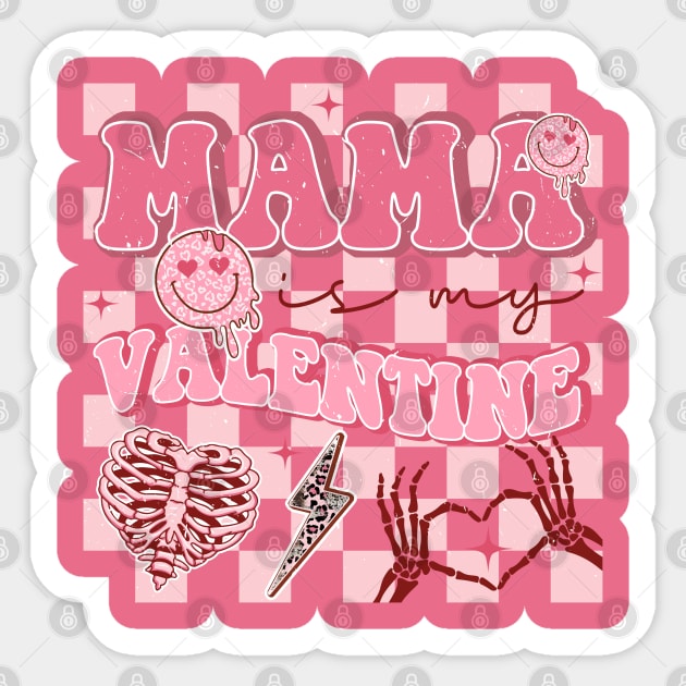 Mama Is My Valentine Pink Skeleton Heart Checkered Background Sticker by JDVNart